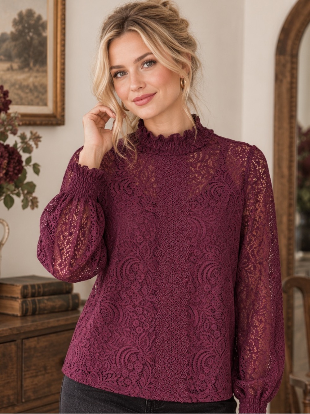 Plum Lace Smocked Mock Neck Blouse Sheer Sleeve Dark Prairie L